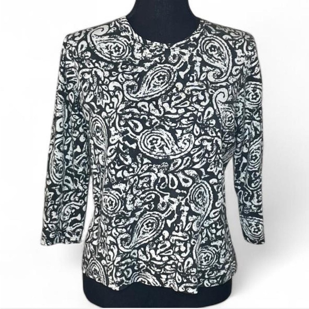 Evelyn & Arthur 78% Silk 22%Cotton 3/4 Sleeve Black & Gray Paisley Print Top L
